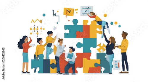 Flat design, 2D illustration of a diverse team assembling a jigsaw puzzle with growth charts as pieces