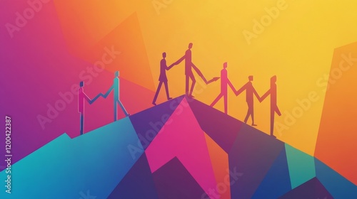Flat design, 2D illustration of a team walking across a bridge made of upward arrows