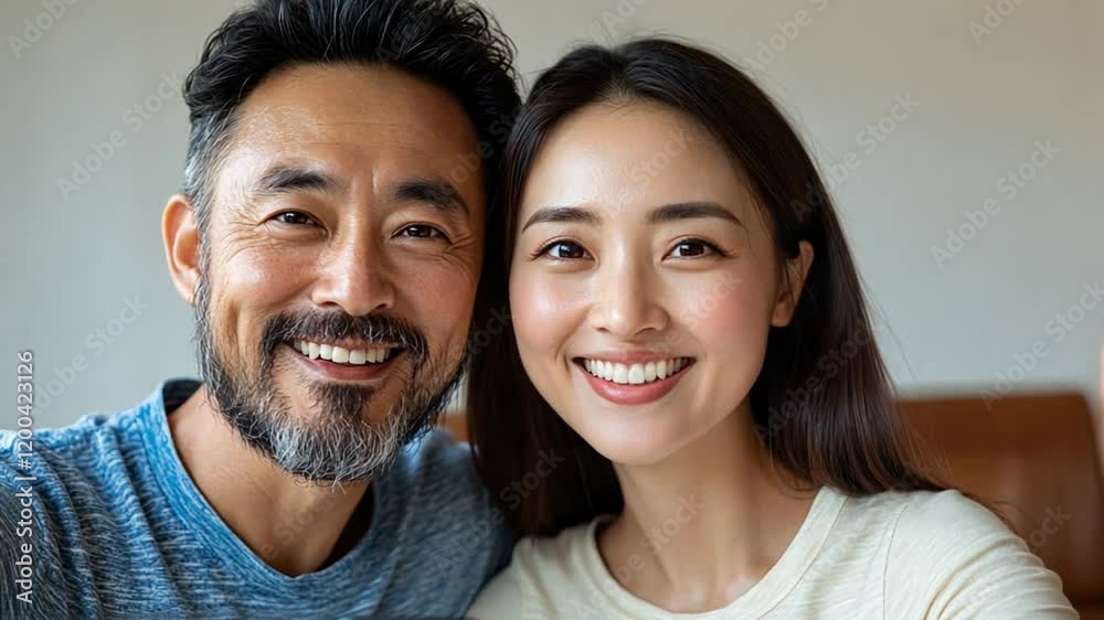 A cheerful couple taking a selfie, smiling brightly at the camera in a cozy setting. A cheerful couple taking a selfie, smiling brightly at the camera in a cozy setting.