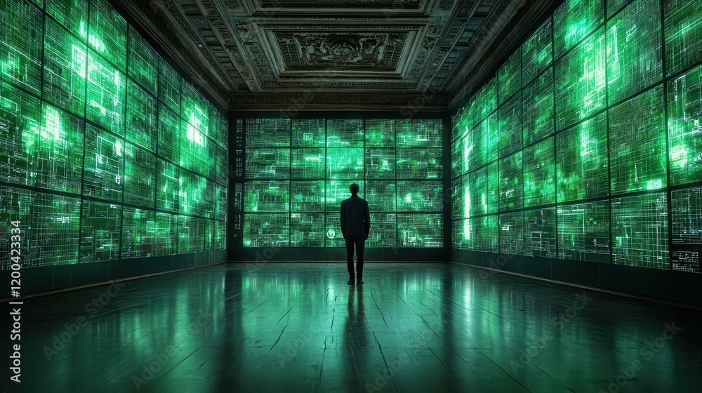 Surrounded by Data: A Man in a Grand Hall Amidst a Sea of Green Screens Surrounded by Data: A Man in a Grand Hall Amidst a Sea of Green Screens