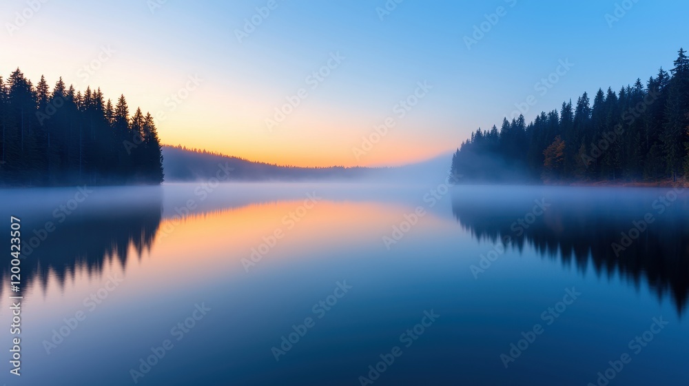 Fototapeta premium Serene Morning Lake Scene with Mist and Reflection at Dawn