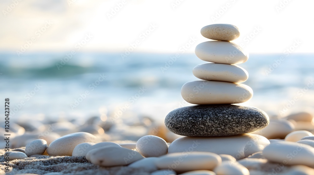 Balanced stones on beach at sunset; ocean background; serenity, meditation Balanced stones on beach at sunset; ocean background; serenity, meditation