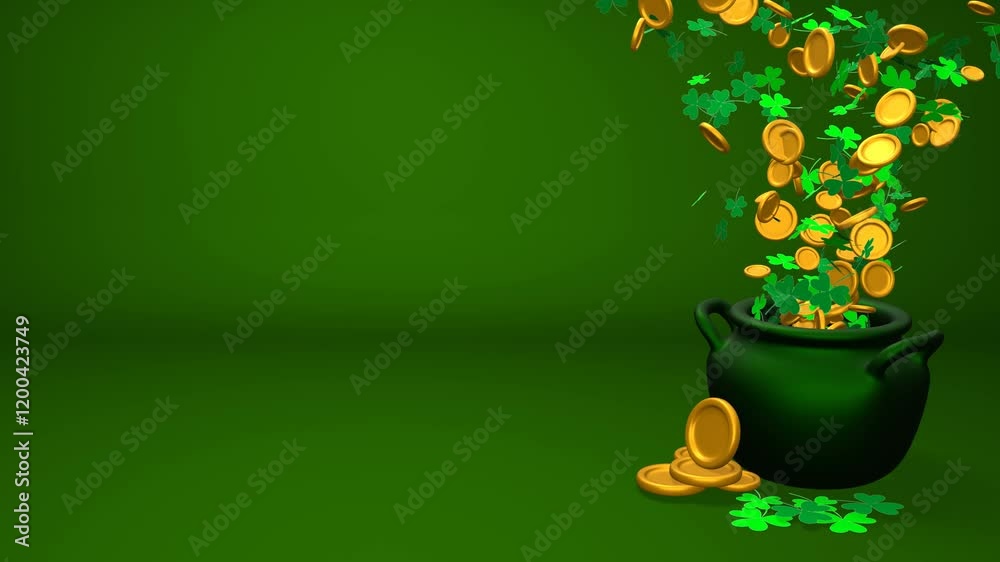 Animation of a pot of gold coins and clover leaves with copy space. St. Patrick's day