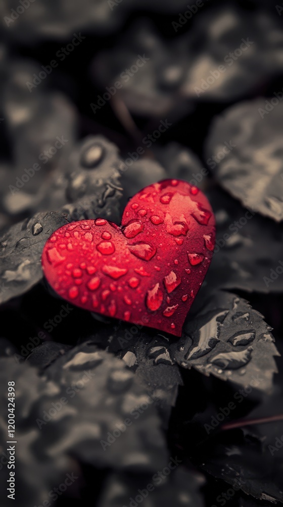 Obraz premium A radiant red heart rests elegantly amidst a bed of dark leaves, symbolizing love's warmth against nature's mysterious backdrop.
