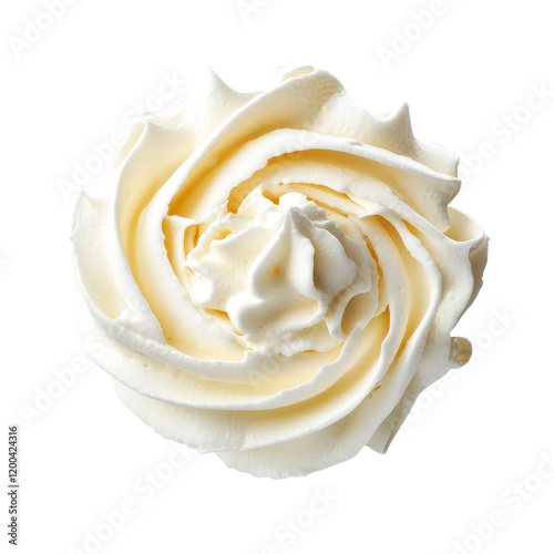 Velvety whipped cream swirl isolated on transparent background for culinary delights and dessert decoration, Velvety Whipped Cream Swirl isolated on transparent background