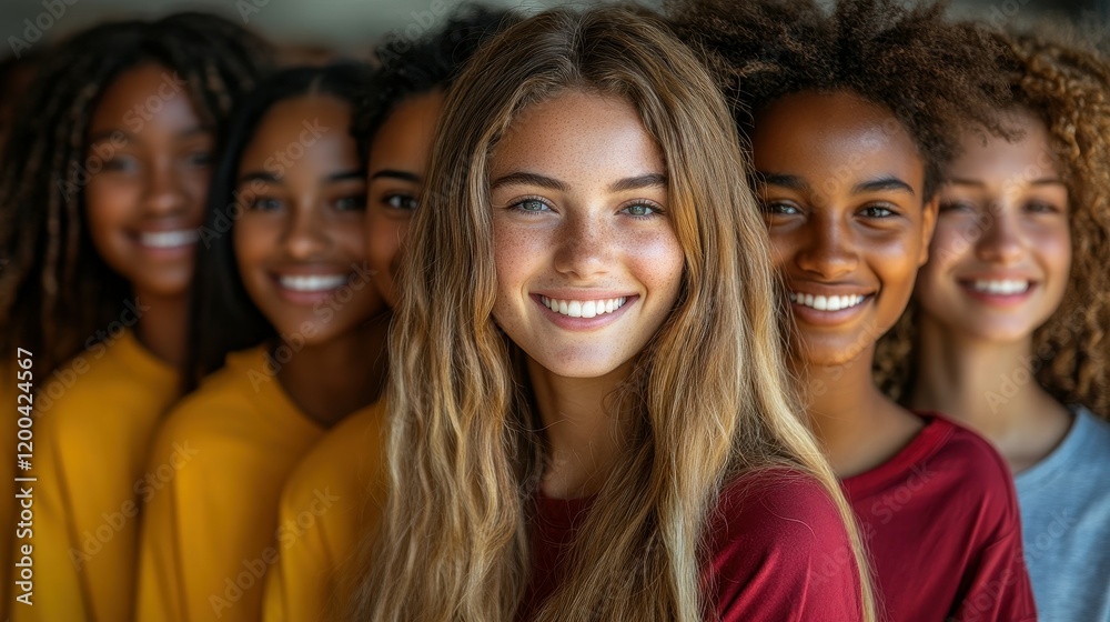 Obraz premium A group of young women stands closely together, all smiling warmly. Each has unique hairstyles and they wear colorful tops, creating a vibrant and friendly atmosphere indoors