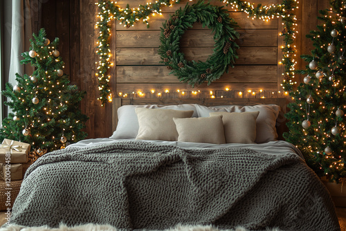 A bed with Christmas lights and a green wreath, beige walls, a Christmas tree on the right side of the wall, a vintage rustic style bedroom, red blankets, natural lighting, minimalistic, natural mate