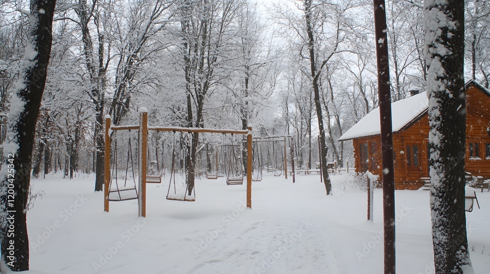 Fototapeta premium Snow-covered swings in winter park near cabin. Peaceful winter scene. Ideal for winter, nature, childhood themes
