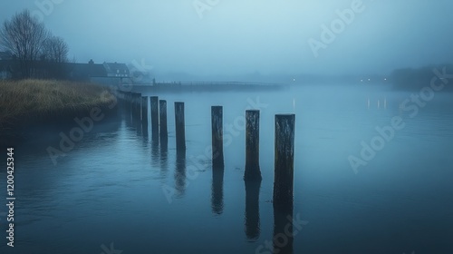 Misty river, wooden posts, houses, twilight photo