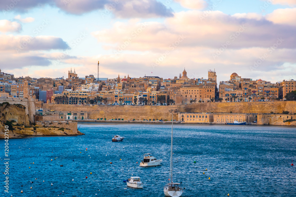 Panoramic view of valetta from Saint Angelo Fort in Birgu, Malta