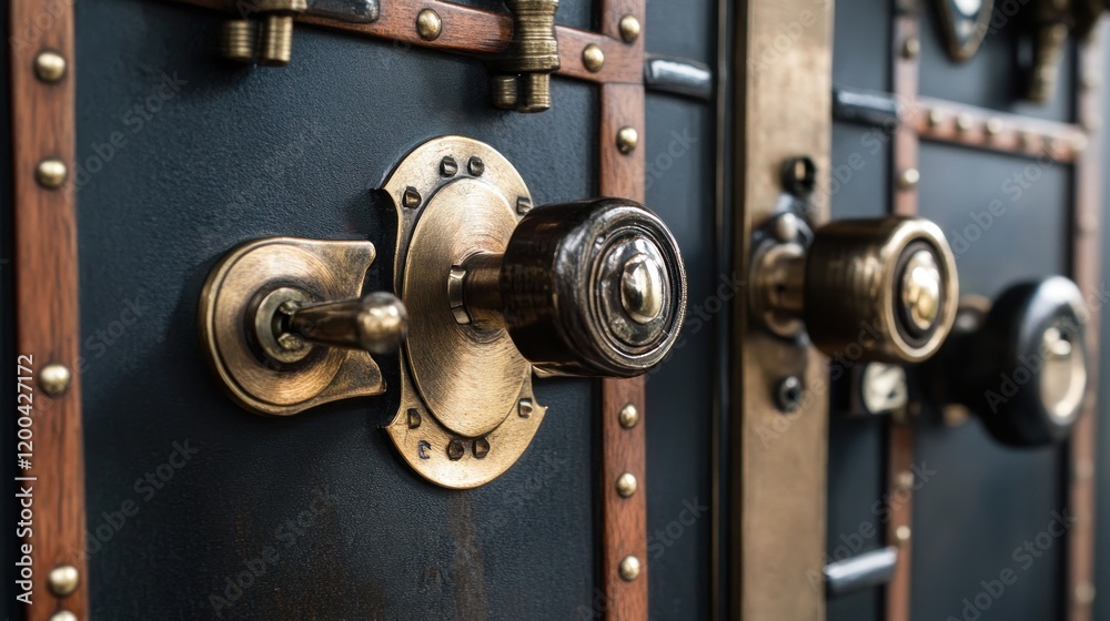 Obraz premium Antique locks and knobs on a decorative door.