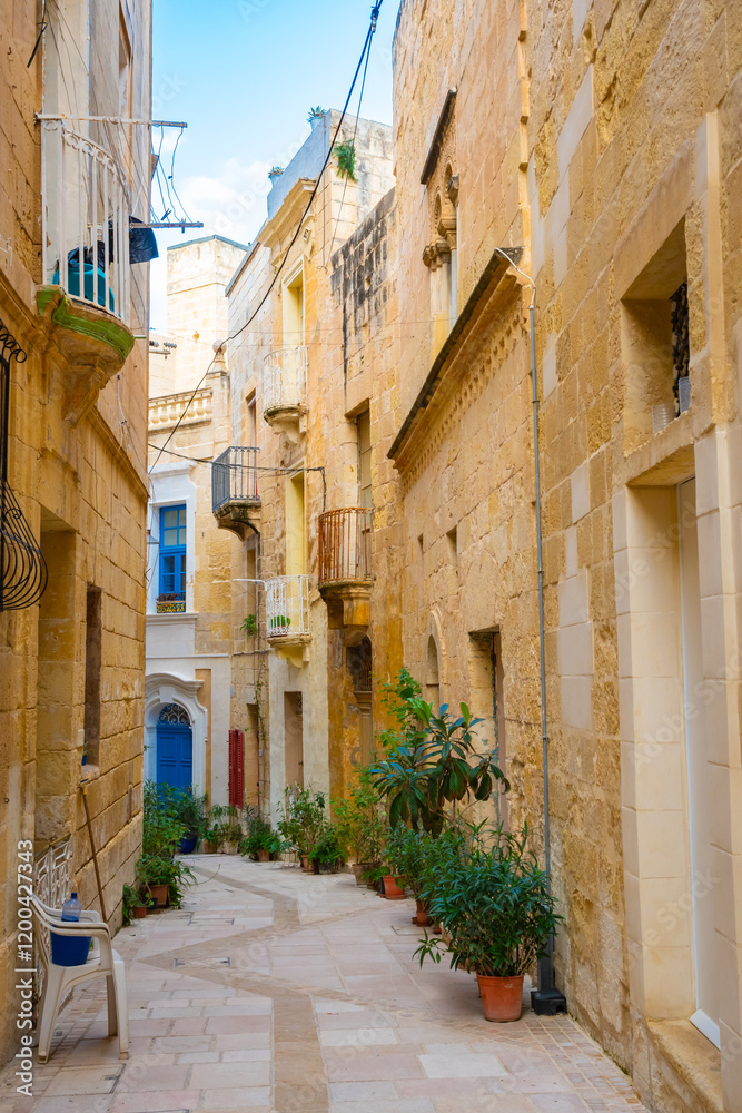 Cozy street and traditional colorful wooden balconies in Birgu, Malta
