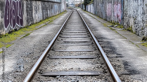 Train tracks vanishing point between graffiti walls.