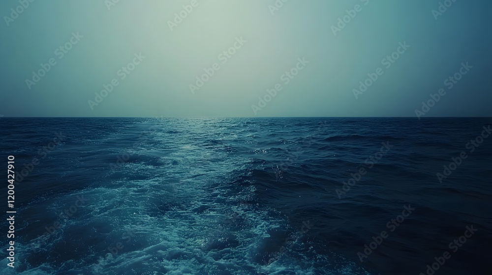 Ocean wake, calm sea, vessel trail, blue water, tranquil travel background Ocean wake, calm sea, vessel trail, blue water, tranquil travel background