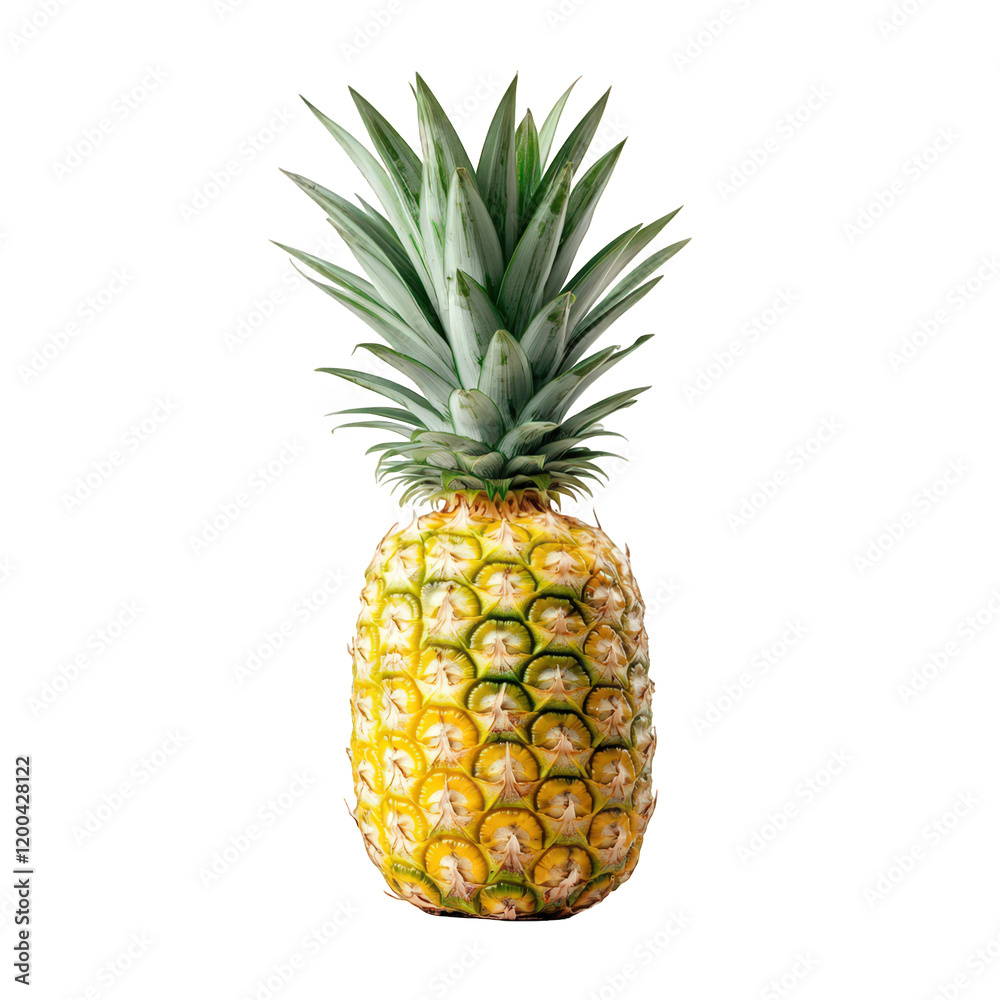 whole pineapple. showcasing its distinctive textured skin and spiky green crown against a plain white background this vibrant fruit is often associated with tropical climates and is popular in various