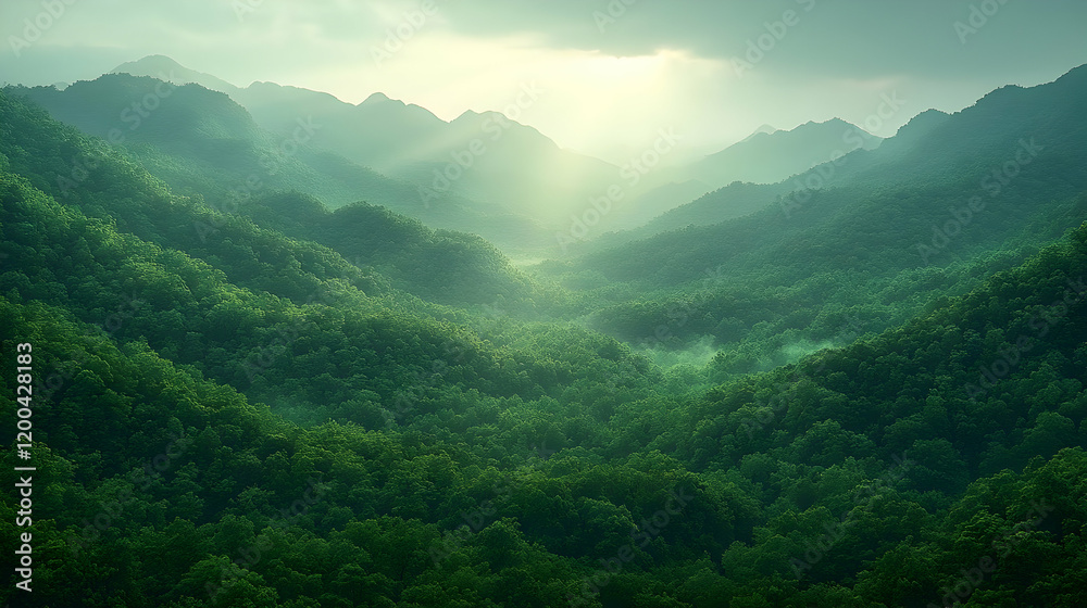 Lush Green Mountain Range with Sunlight Rays Breaking Through Mist Lush Green Mountain Range with Sunlight Rays Breaking Through Mist