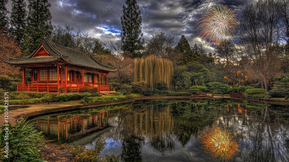 Obraz premium Festive Japanese garden at night with fireworks reflected in pond.