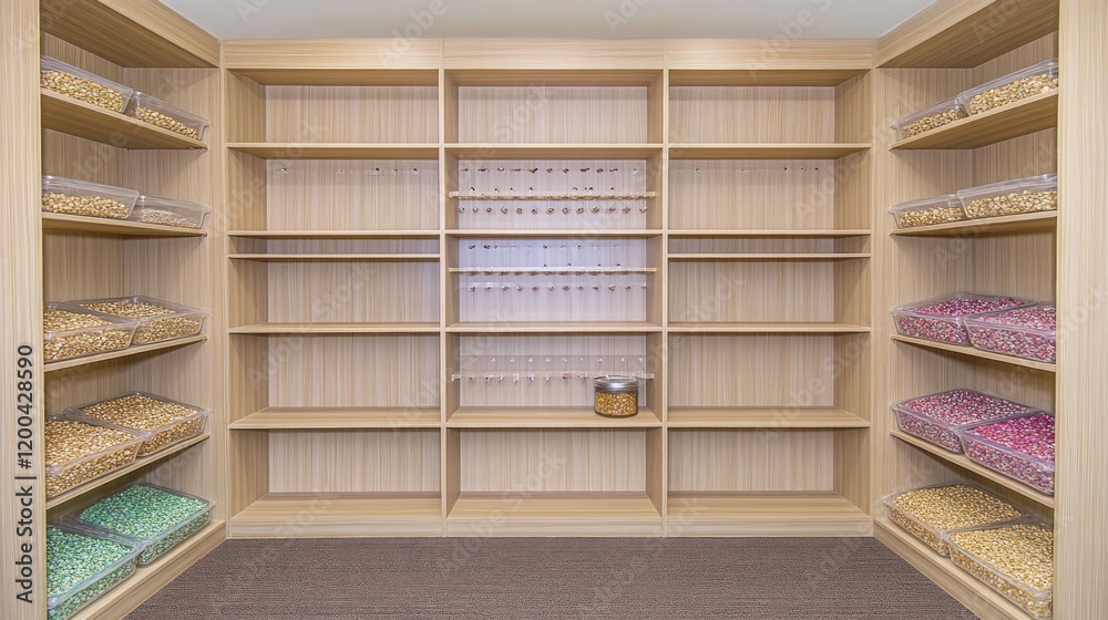 Obraz premium Large wooden shelves filled with various popcorn kernels in clear containers.
