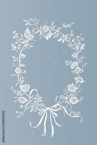White floral oval frame with ribbon bow on dusty blue background