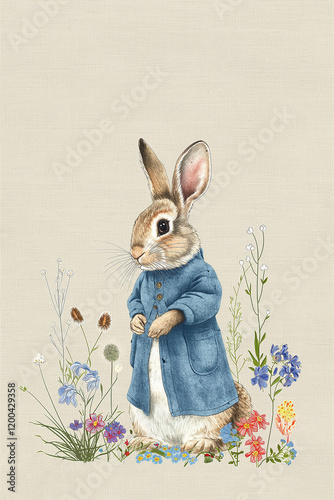 Adorable rabbit wearing a blue coat standing in a field of flowers
