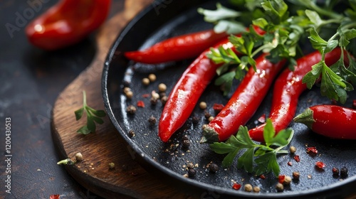 Fresh Red Chilies and Herbs on a Black Plate photo