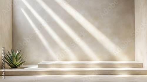 Minimalist beige room interior with sunlight beams, plant, and stepped platform.