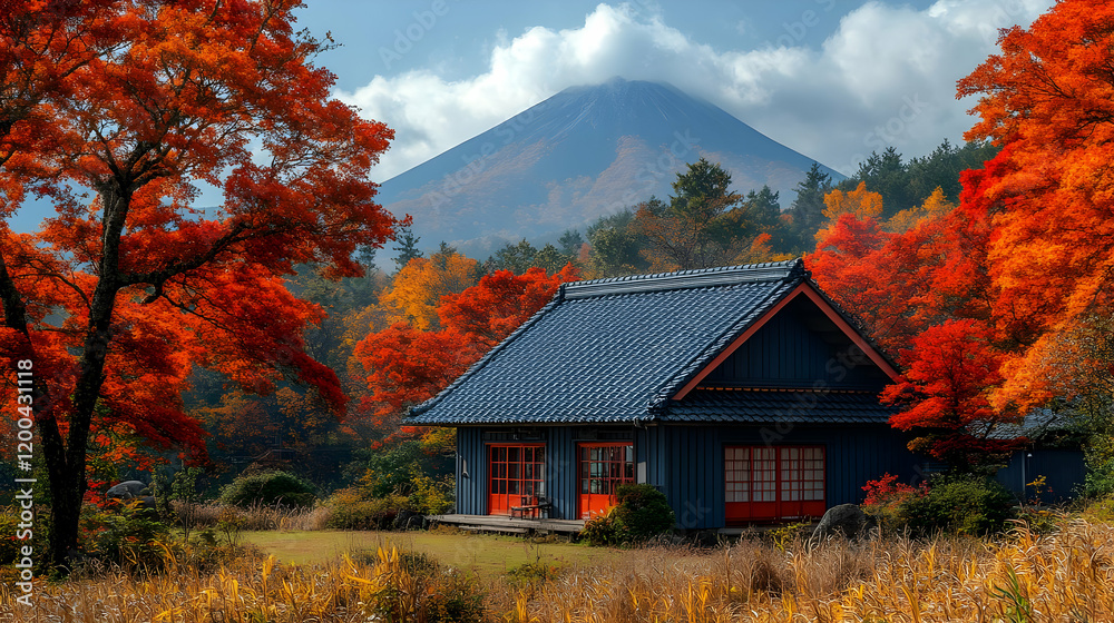 Japanese House nestled in Vibrant Autumn Foliage with Mountain View Japanese House nestled in Vibrant Autumn Foliage with Mountain View