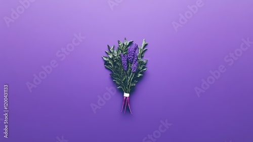 Small purple lavender bouquet on purple background.