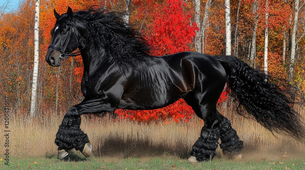 Majestic black Friesian horse gallops autumn woods Majestic black Friesian horse gallops autumn woods