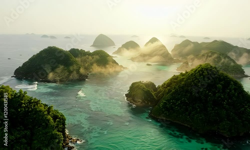 Stunning Aerial View of Tropical Islands: Misty Sunrise Landscape in the morning