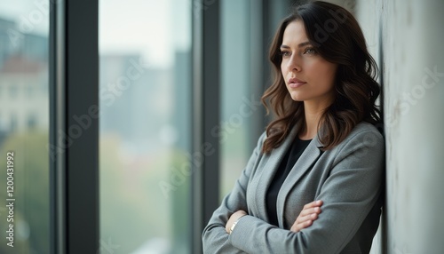 Free Download A poised businesswoman stands thoughtfully by a large window, her arms crossed, reflecting on her day. The soft natural light highlights her elegant features and the modern office backdrop, creating - GFXLoad