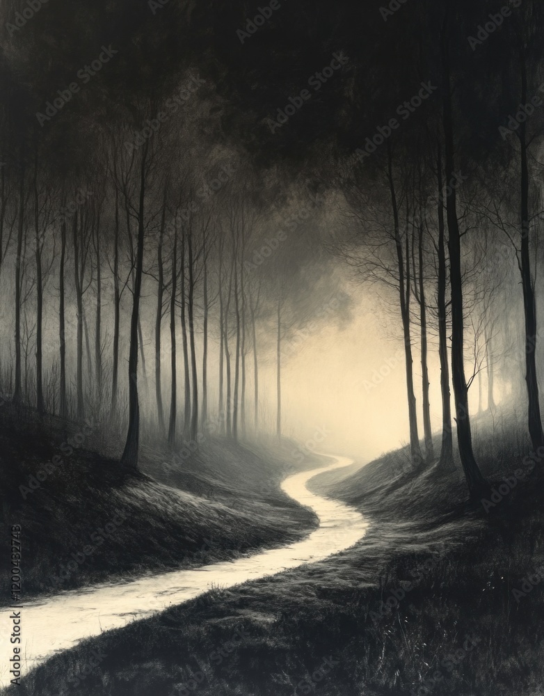 Fototapeta premium Serene Black and White Forest Landscape Charcoal Drawing with Tall Trees Misty Path Tranquil Atmosphere Vintage Mural