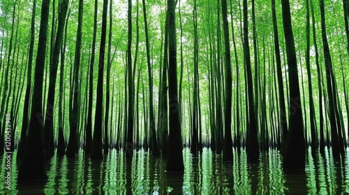 Lush green swamp cypress trees reflected in dark water. Nature background for travel brochures