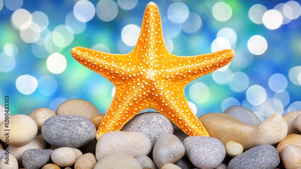 Orange starfish on smooth beach stones against a bright bokeh background. Orange starfish on smooth beach stones against a bright bokeh background.