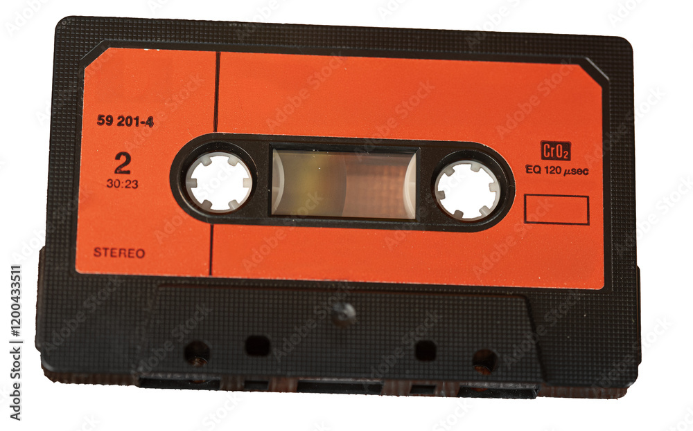 Naklejka premium Musikkasette 70er, 80er 90 Jahre, freigestellt mit Platz für Text auf rotem Untergrund