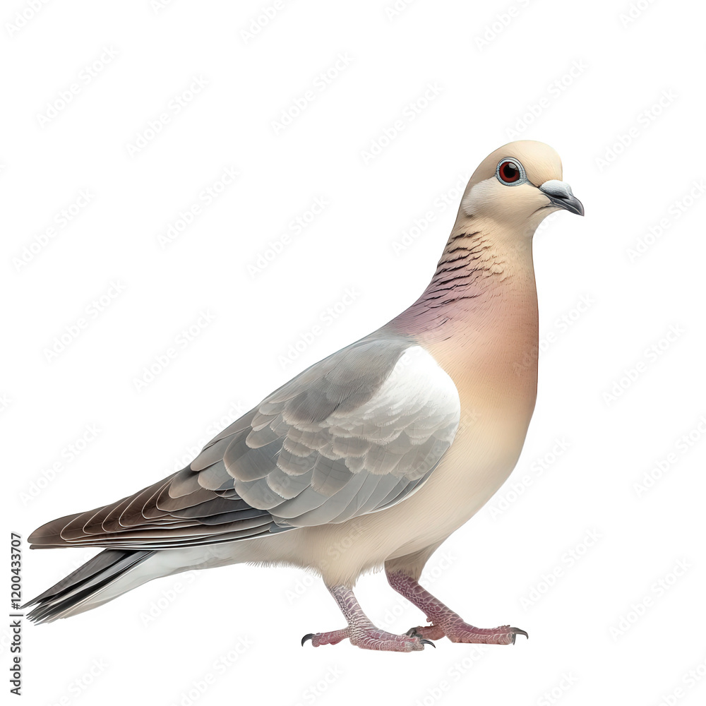 beautifully rendered pigeon with a soft color palette. showcasing its graceful form and distinct features the bird stands against a plain white background. emphasizing its elegant posture and intricat