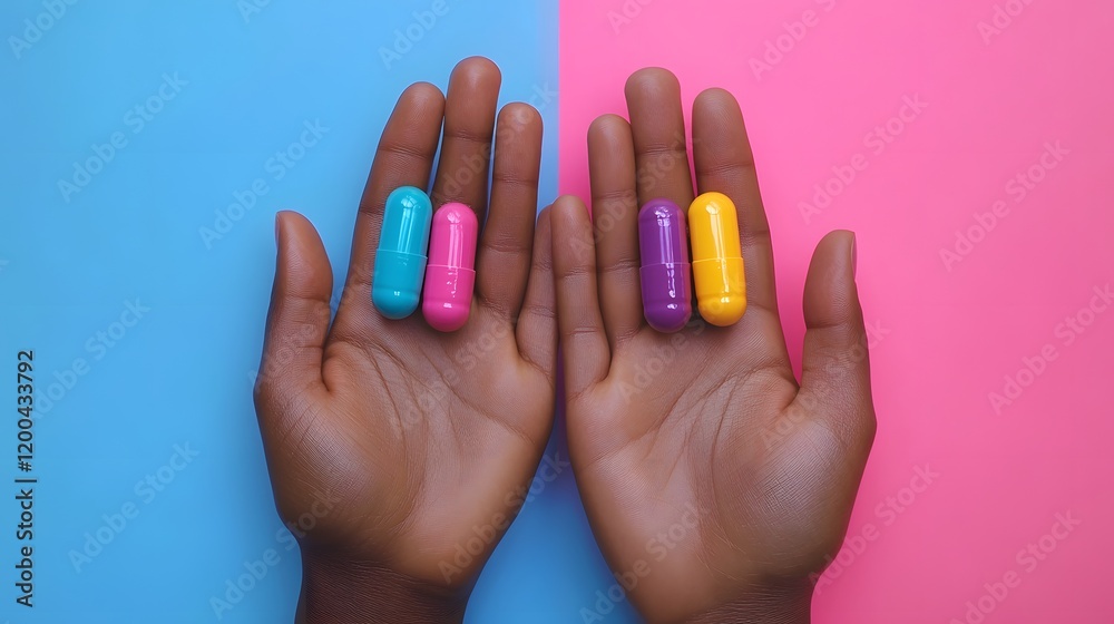Hands holding colorful capsules on pastel background; healthcare concept