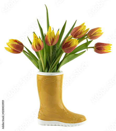 Blumenstrauß aus Tulpen in einer gelben Vase in Gummistiefelform als Konzept für Frühlings- oder Aprilwetter