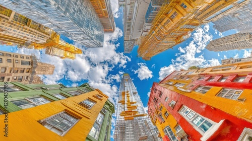 Colorful skyscrapers and blue sky viewed from below.