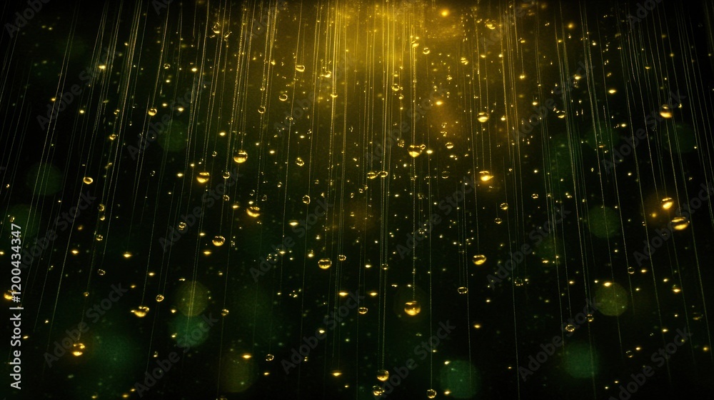 Golden rain, sparkling drops falling on dark green background. Golden rain, sparkling drops falling on dark green background.