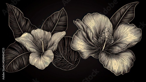 Elegant monochrome hibiscus flowers and leaves on dark background.