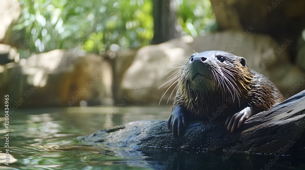 Otter resting on rock by water, lush background. Wildlife habitat image for nature documentaries Otter resting on rock by water, lush background. Wildlife habitat image for nature documentaries