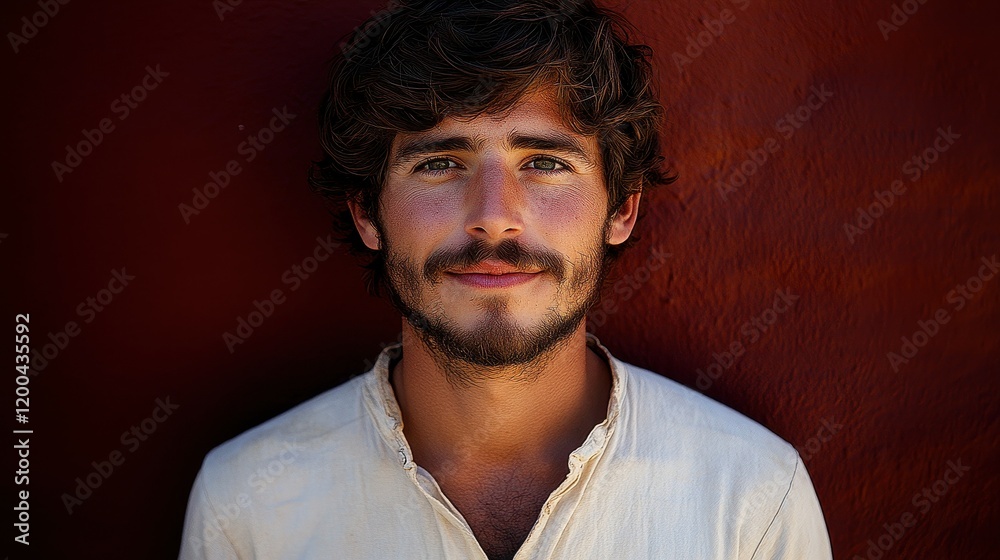 Obraz premium A young man with curly hair and a beard stands smiling against a bright red wall. He is wearing a simple, light-colored shirt and has a confident and approachable expression