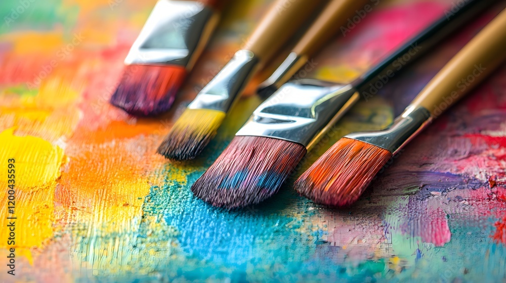 Fototapeta premium Colorful paintbrushes on a vibrant palette, close-up studio shot. Art supplies, creative process