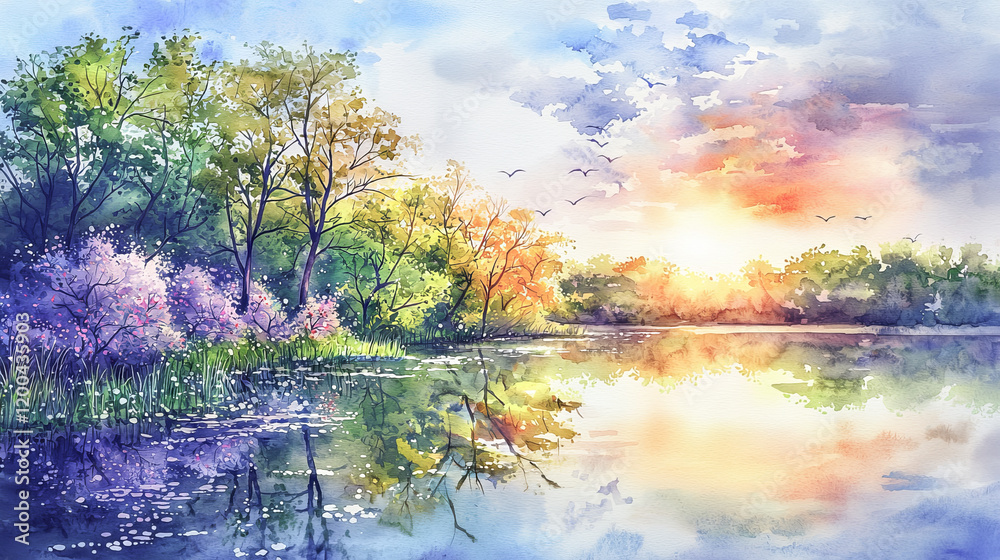 Tranquil Watercolor Illustration of a Spring Pond with Lush Trees at Sunset. Concept of Nature's Serenity, Peaceful Landscape, and Springtime Reflection