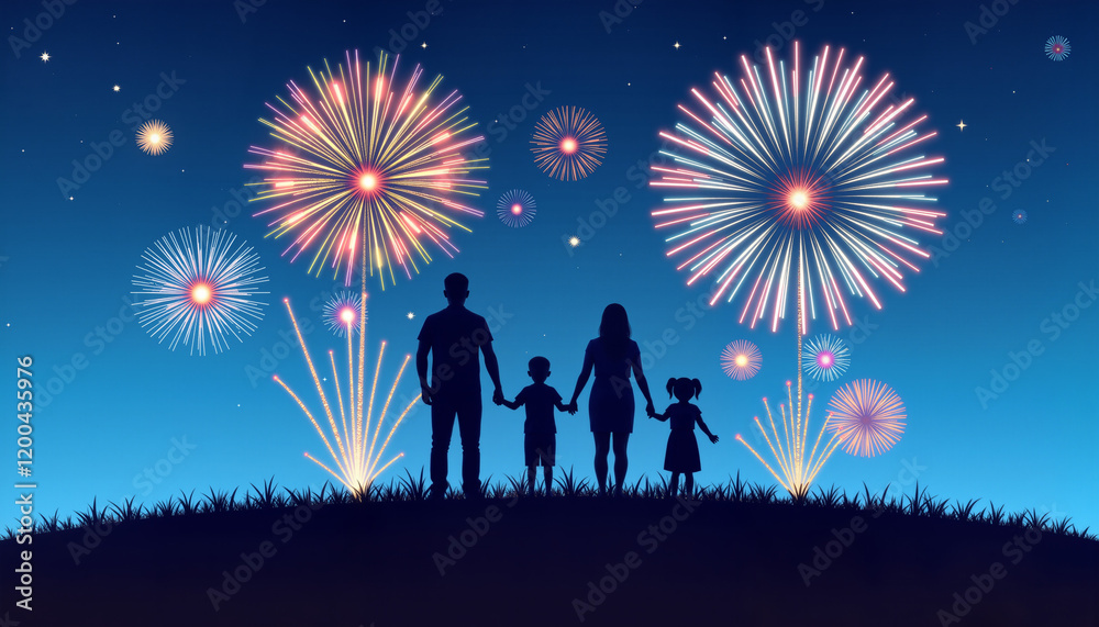 Family watching fireworks against a night sky Family watching fireworks against a night sky