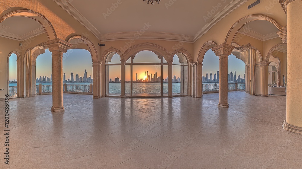 Naklejka premium Sun setting over cityscape viewed from luxury villa's arched terrace.