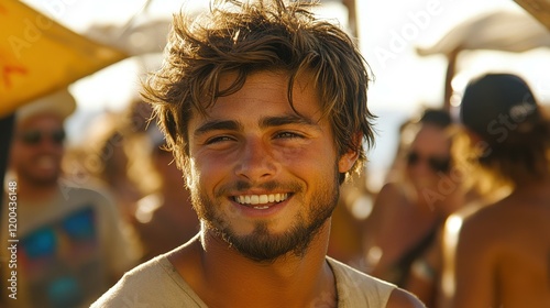 Sun-kissed young man with tousled hair beams at a lively summer festival near the ocean, surrounded by joyful friends and colorful decorations, captured during golden hour