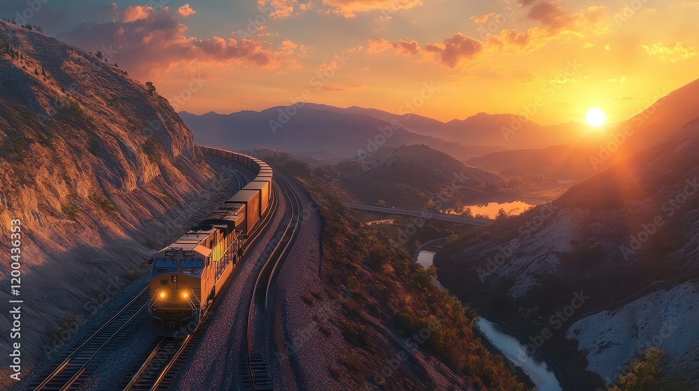 Fototapeta premium A sleek, modern freight train winding through a mountain pass at sunset, symbolizing efficient rail logistics