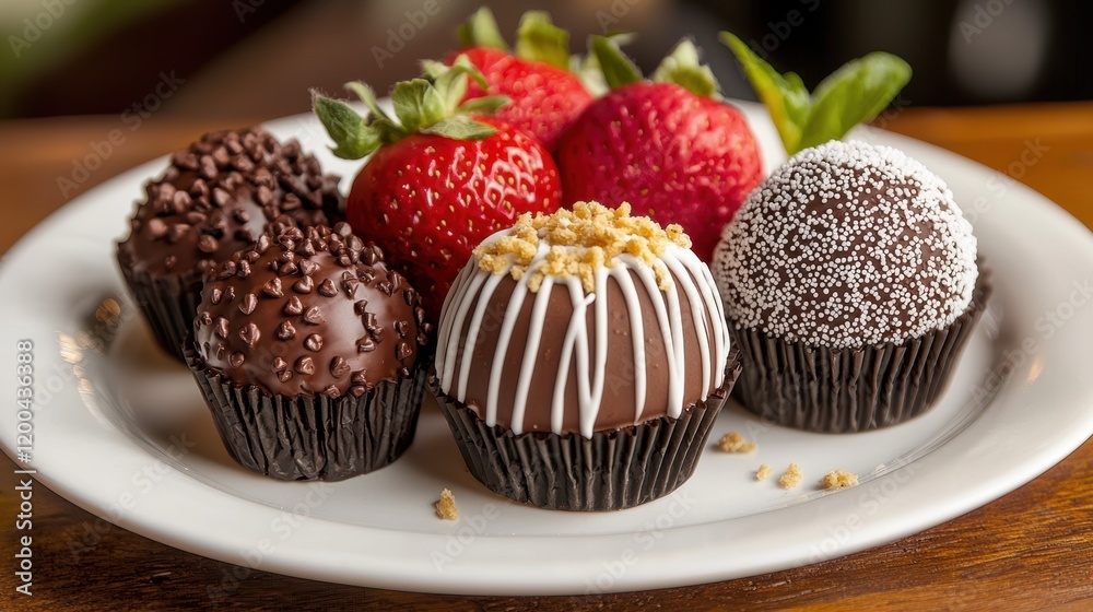 Indulge in the sweetness of love with four luscious chocolate-covered strawberries elegantly arranged on a charming plate, perfect for Valentine's Day. Indulge in the sweetness of love with four luscious chocolate-covered strawberries elegantly arranged on a charming plate, perfect for Valentine's Day.